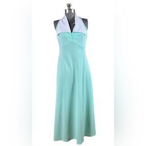 Vintage 60s 1970s Formal Mint Green Halter Dress Gown Empire Waist Pointy Collar